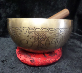 Hand Beaten & Hand Etched Nepal Singing Bowl with Mallet & Cushion